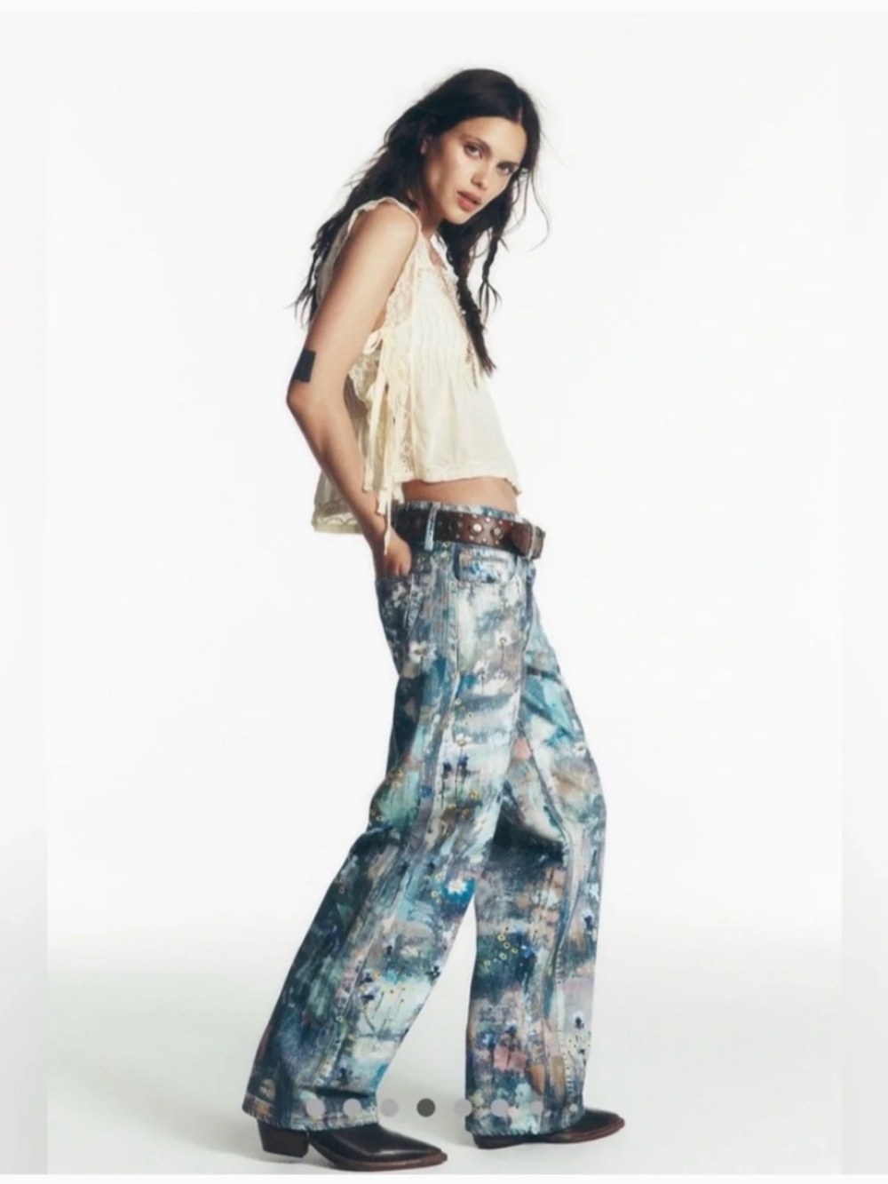 Free People Tennessee Low Rise Illusions Jeans We The Free Floral Canvas Blue